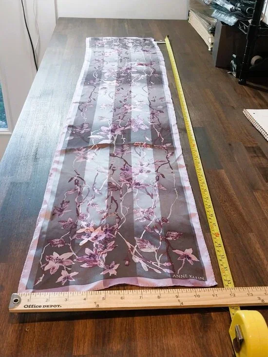 100% Silk Scarf Pink Brown Gray Floral Oblong 11x52 Lightweight by Anne Klein. - Picture 8 of 9